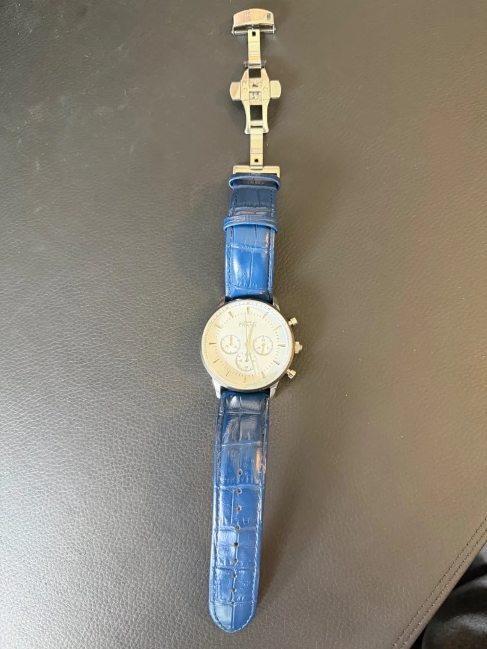 Grand Frank Quartz Montpellier White Chronograph Blue Leather Strap Watch